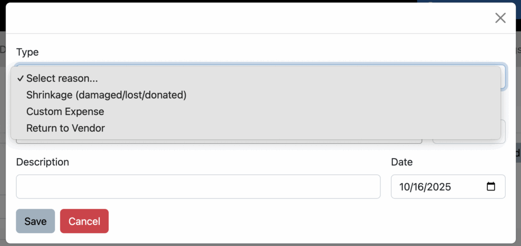 Choose reason for inventory removal