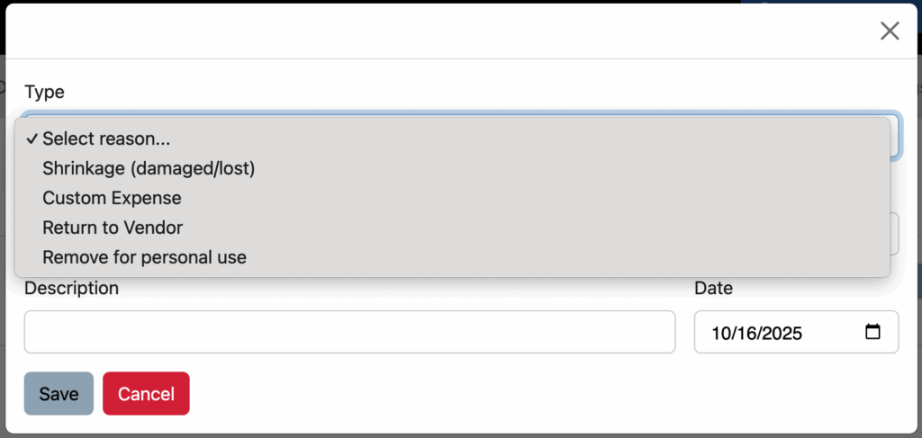 Choose reason for inventory removal